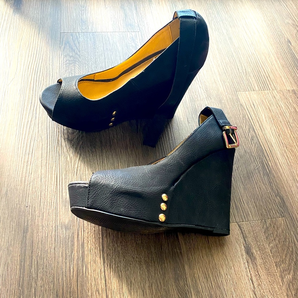 Candies black ankle strap wedges